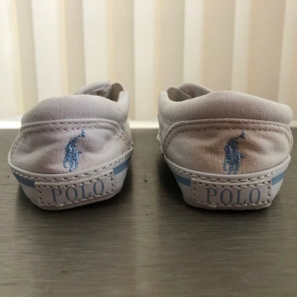 Ralph Lauren Baby Boy Canvas Shoes Slip On White Light Blue Logo Size 2 - Picture 6 of 11